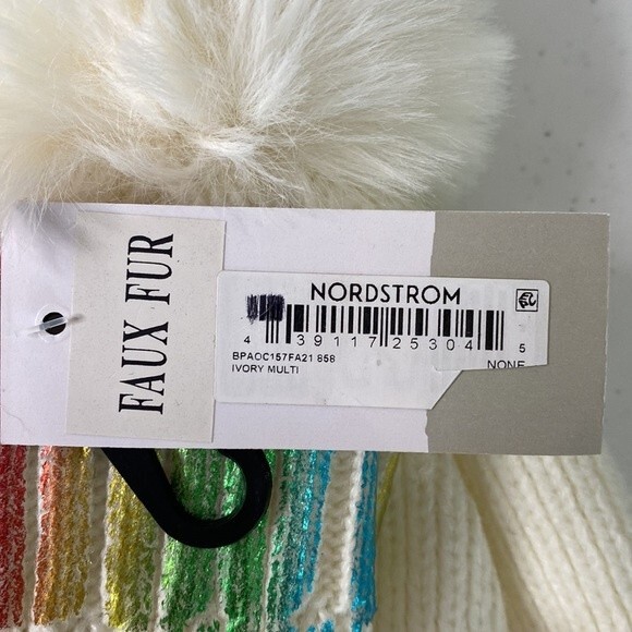BP Nordstrom Ivory Multi Color Metallic Pom Pom Beanie Hat Wrist Warmer Set - Picture 7 of 11